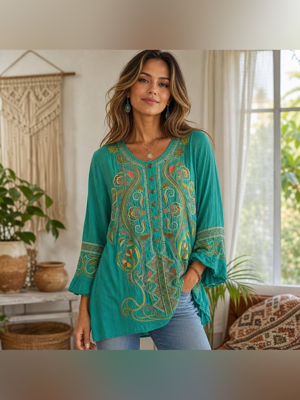 IVY JANE Anthropologie Embroidered Floral Button Front Tunic Sz S Aztec Boho